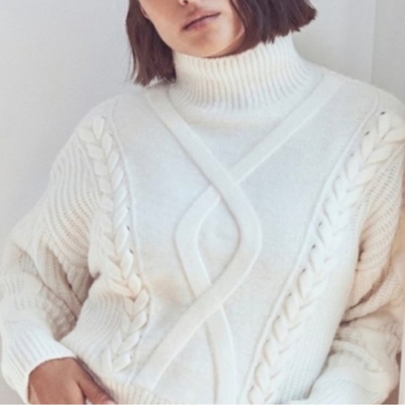 Elizabeth and James Ivory Cable Mock Neck Cropped Fisherman Sweater EUC sz XL